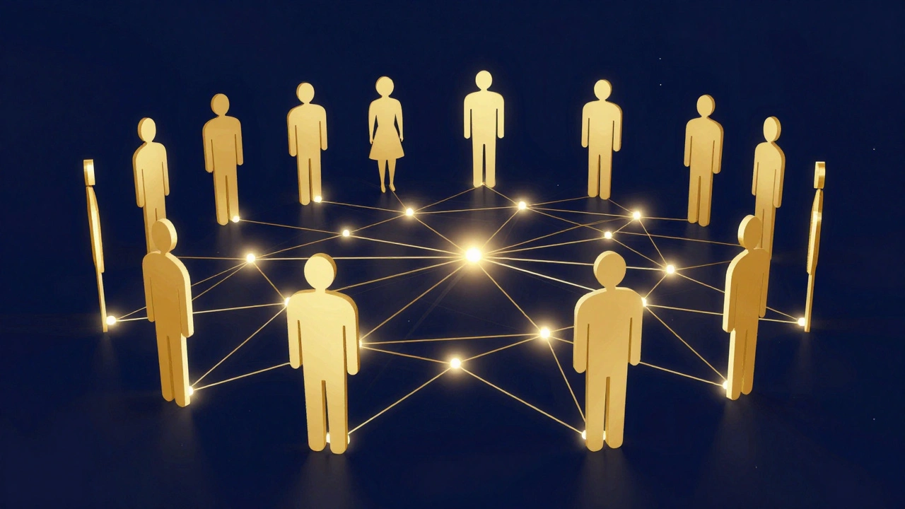 Stylized silhouettes connected by glowing gold lines forming a supportive network