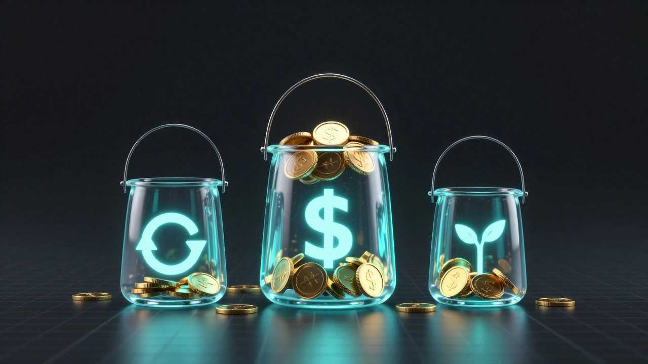 Three glowing glass buckets containing gold coins, representing diverse income streams.
