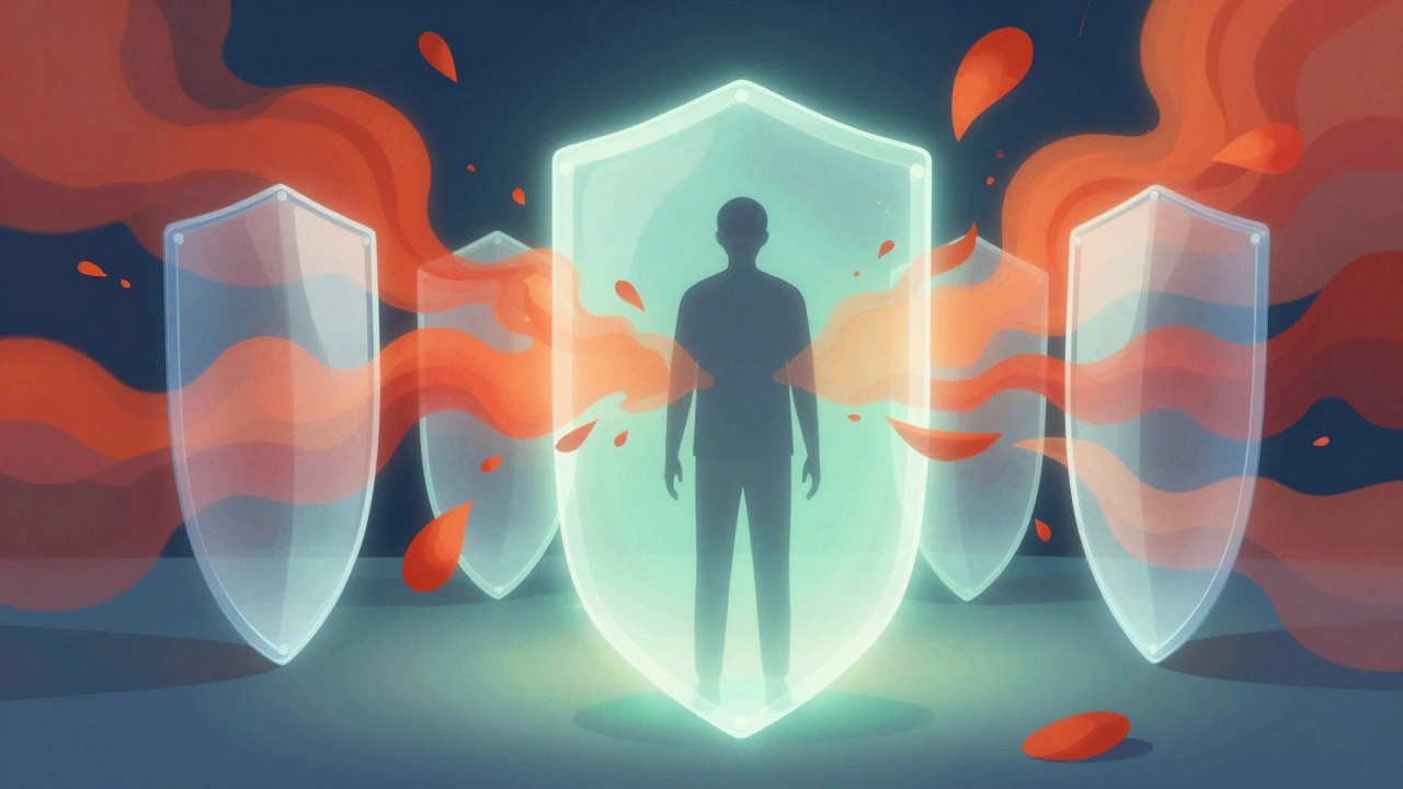 Abstract art of a figure shielded from chaotic anxiety symbols