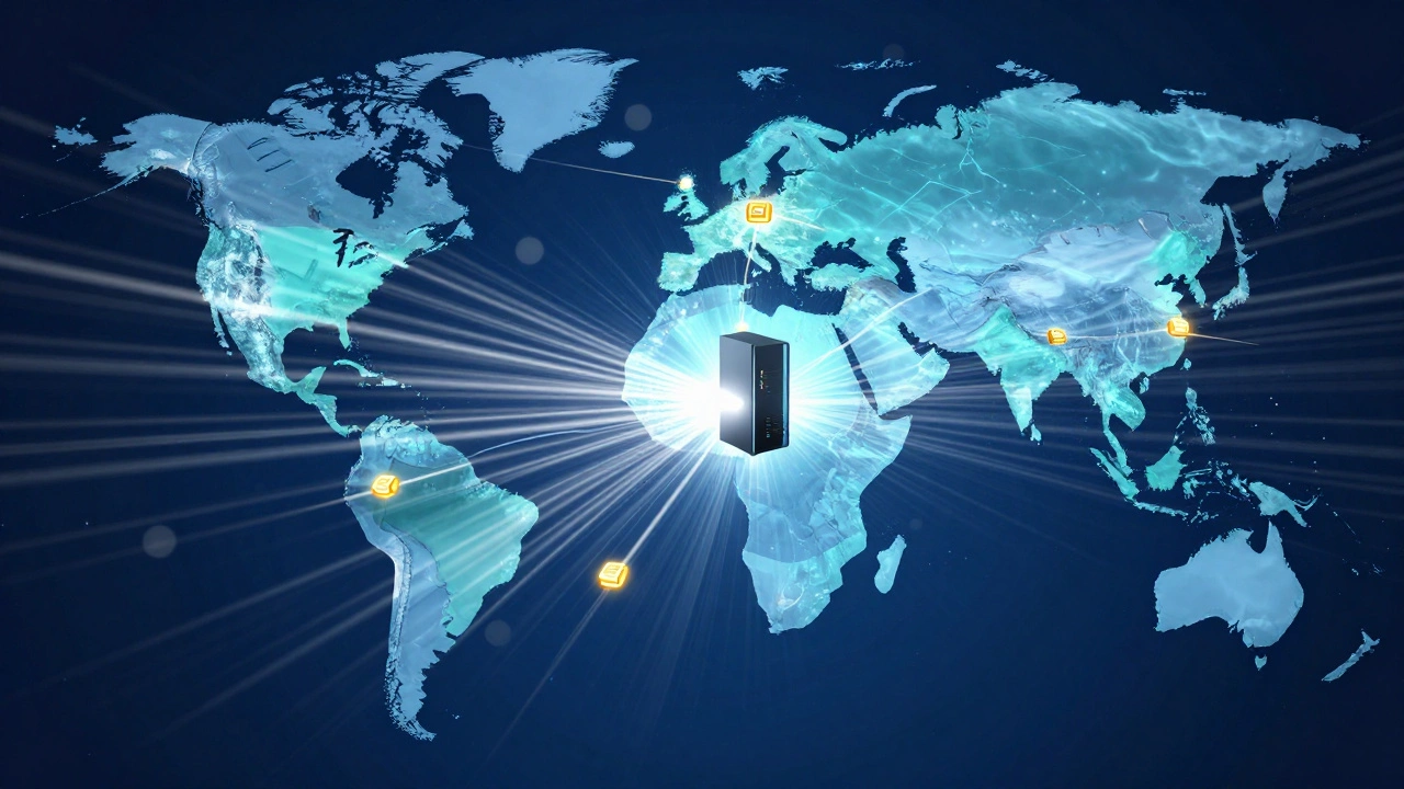Abstract diagram showing global CDN nodes distributing video streams to users efficiently