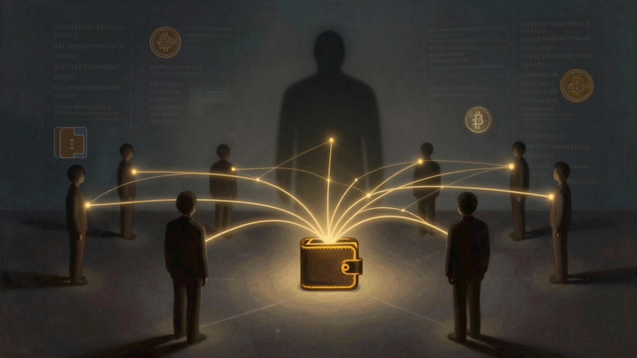Abstract graphic showing funds flowing from multiple accounts into a single centralized wallet.