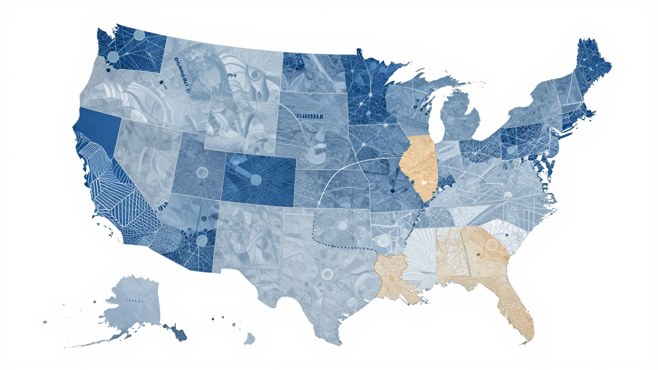 Abstract map of US highlighting CA and NV regulations vs private health networks
