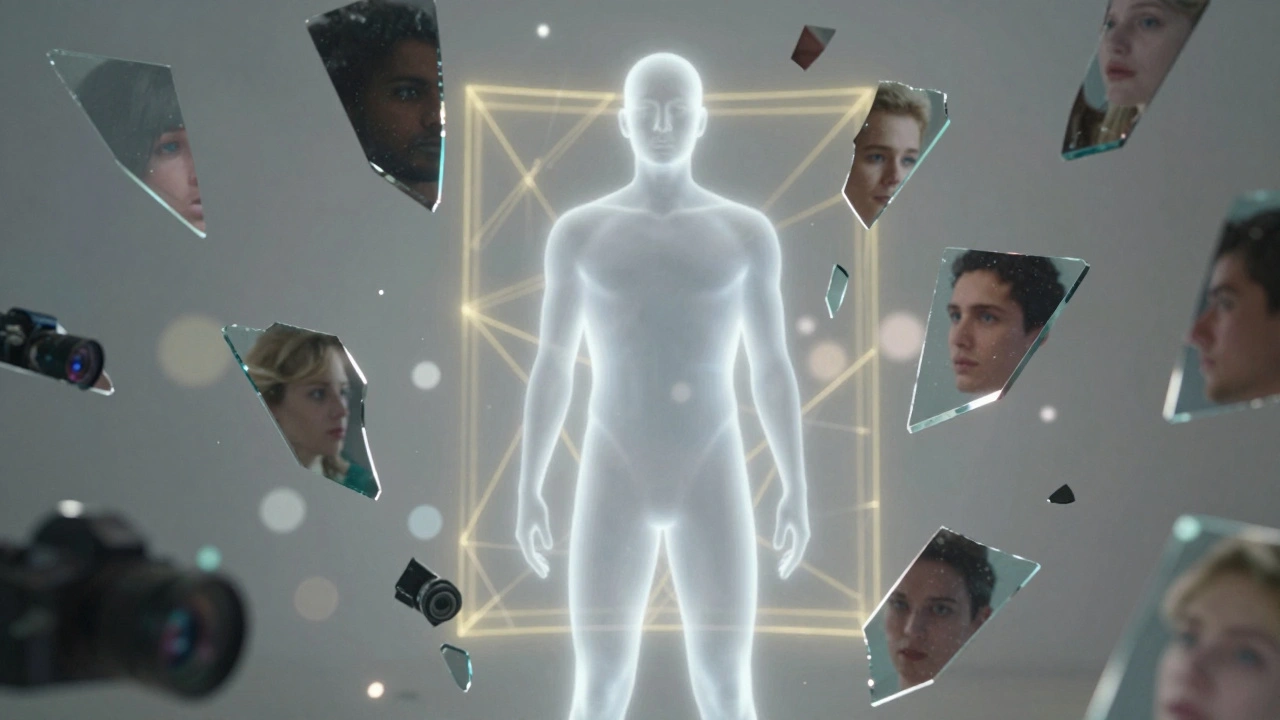 Abstract silhouette protected by barriers against fragmented digital threats
