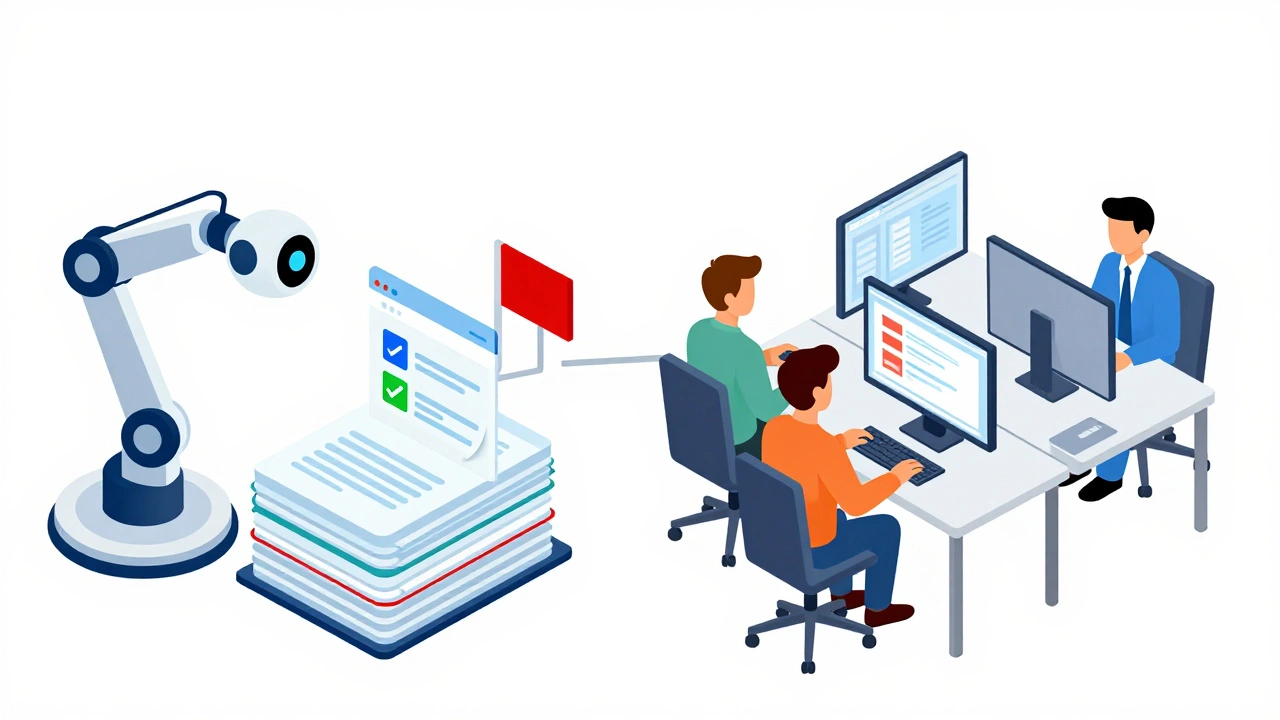 AI robot and human moderators collaborating to tag and verify digital media content