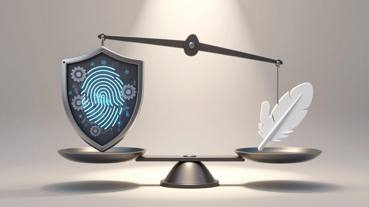 Balance scale weighing a heavy security shield against a lightweight user experience icon.