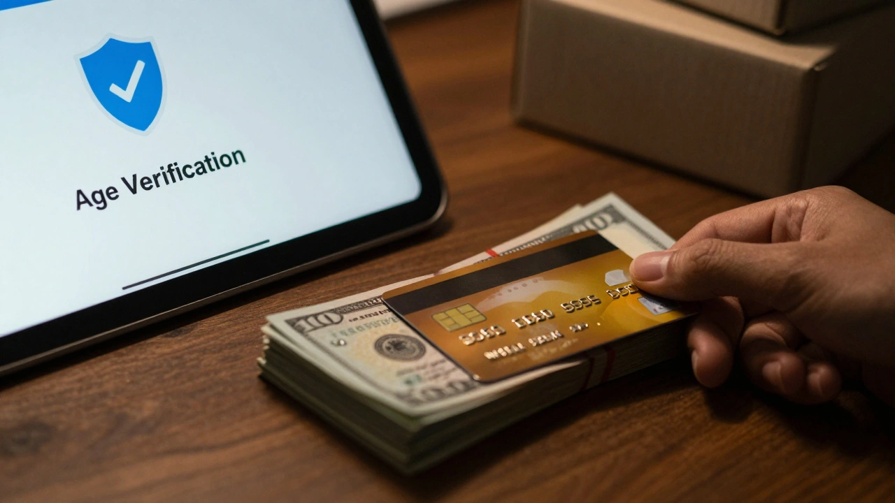 Cash and credit card on a desk with a tablet showing age verification and security symbols.