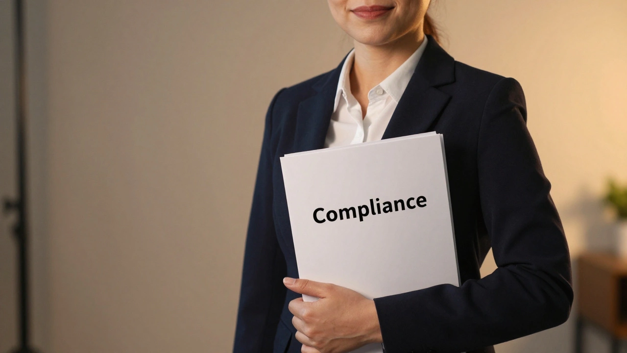 Confident performer holding compliance folder in studio