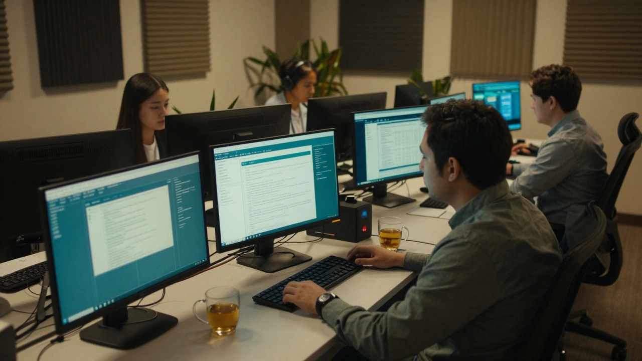 Content moderators working in a supportive, well-lit office environment.