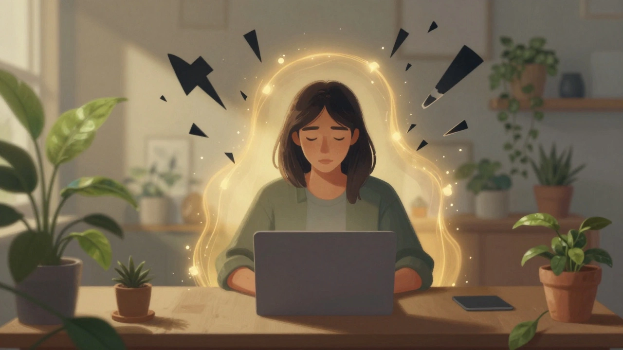 Creator sitting calmly in a sunlit room protected by a golden boundary against online noise