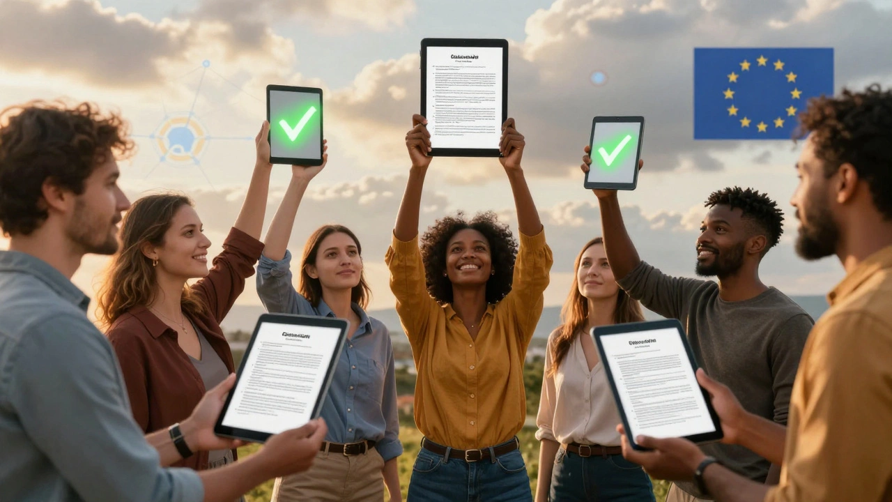 Creators holding legal docs and devices in empowering circle
