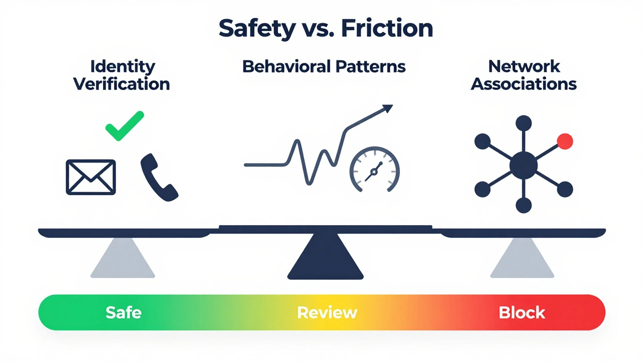 Diagram of identity, behavior, and network signals for risk scoring
