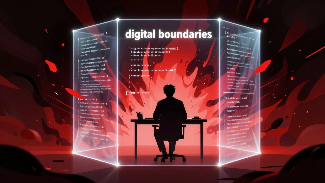 Digital art of a glowing shield protecting a user from chaotic online harassment symbols.