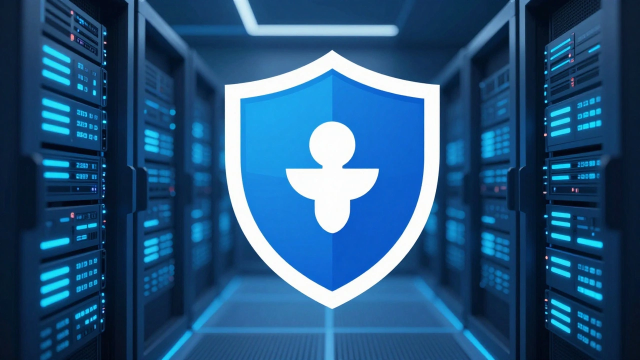 Digital art of secure server with privacy shield icon
