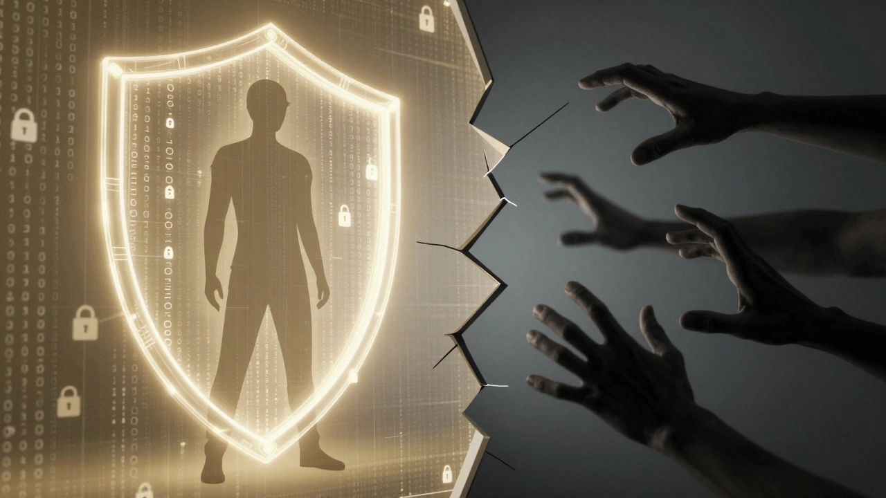 Digital shield protecting a silhouette from shadowy threats