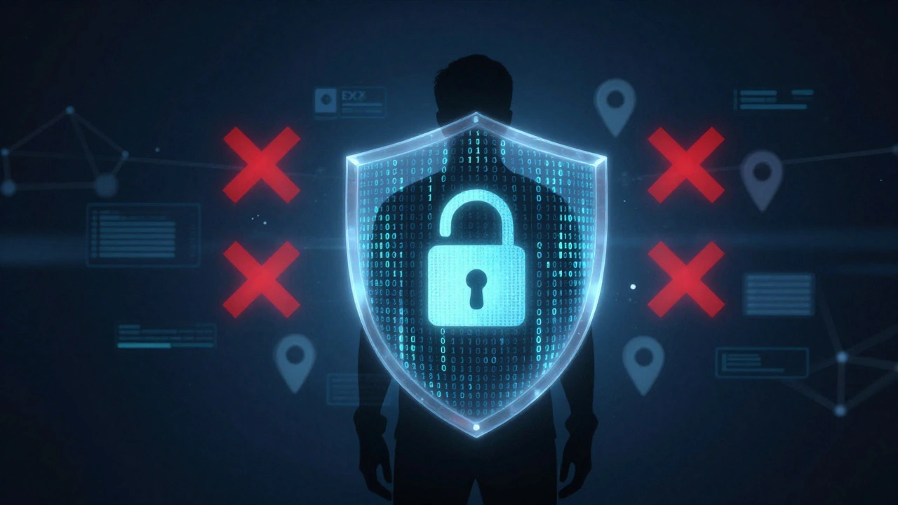 Digital shield protecting user silhouette from metadata and online tracking threats.