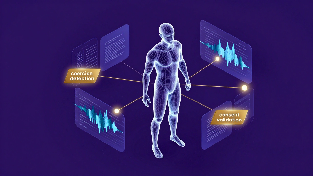 Digital wireframe figure surrounded by data streams showing AI behavioral analysis for safety checks.