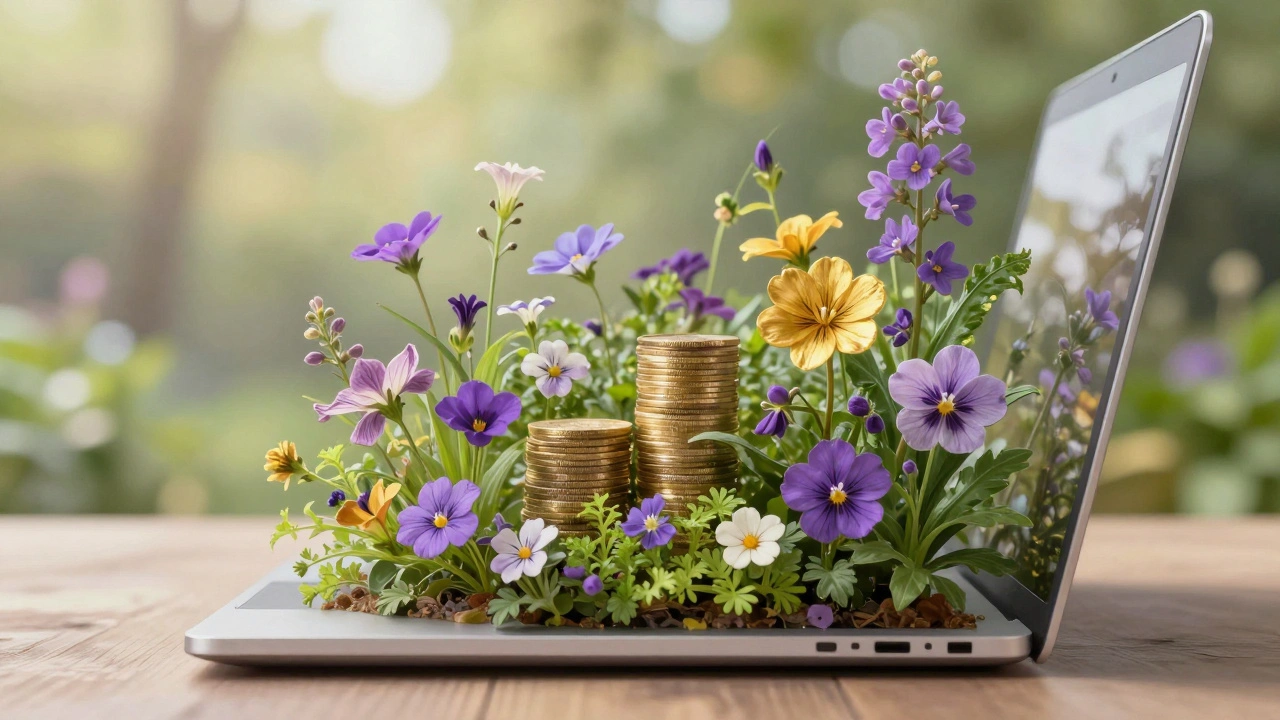 Garden growing from laptop representing passive income and rest