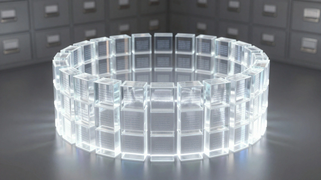 Glowing blockchain ledger blocks storing encrypted consent records