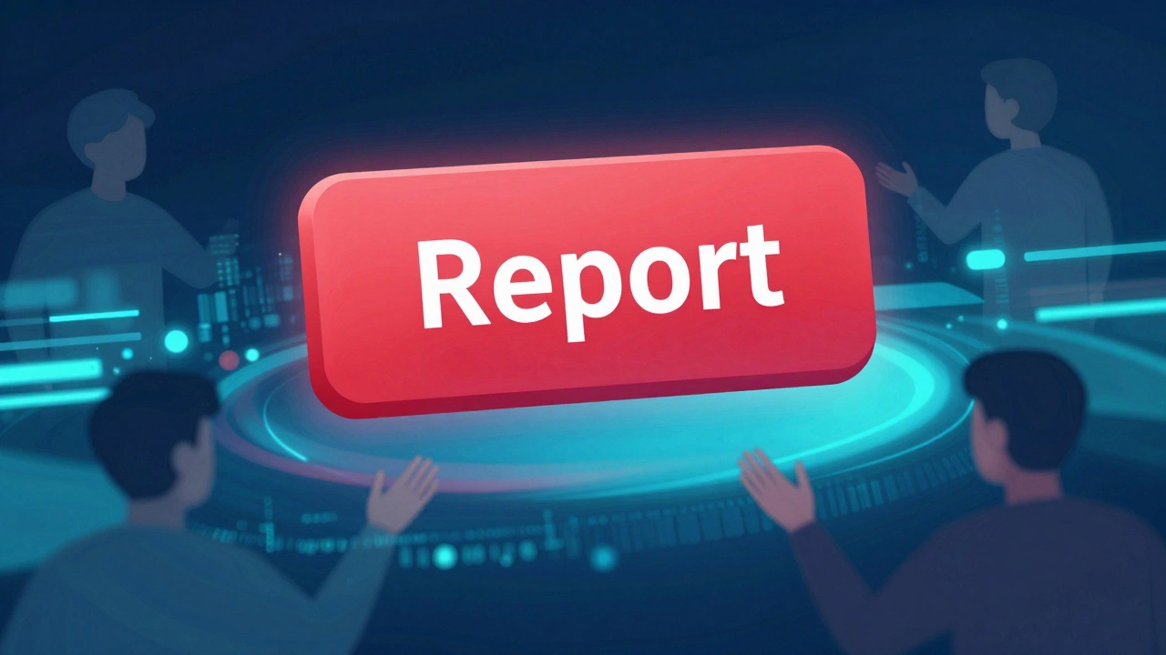 Glowing report button surrounded by digital data and faint silhouettes.