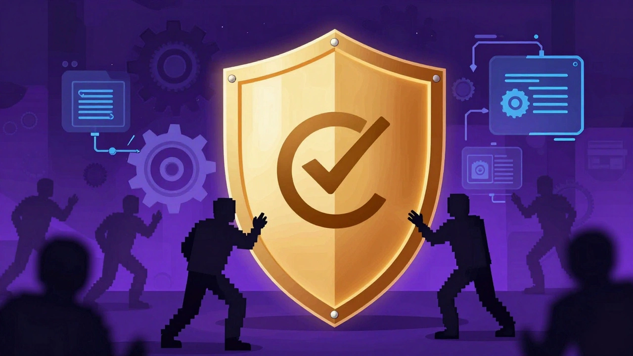 Golden legal shield blocking shadowy digital pirates