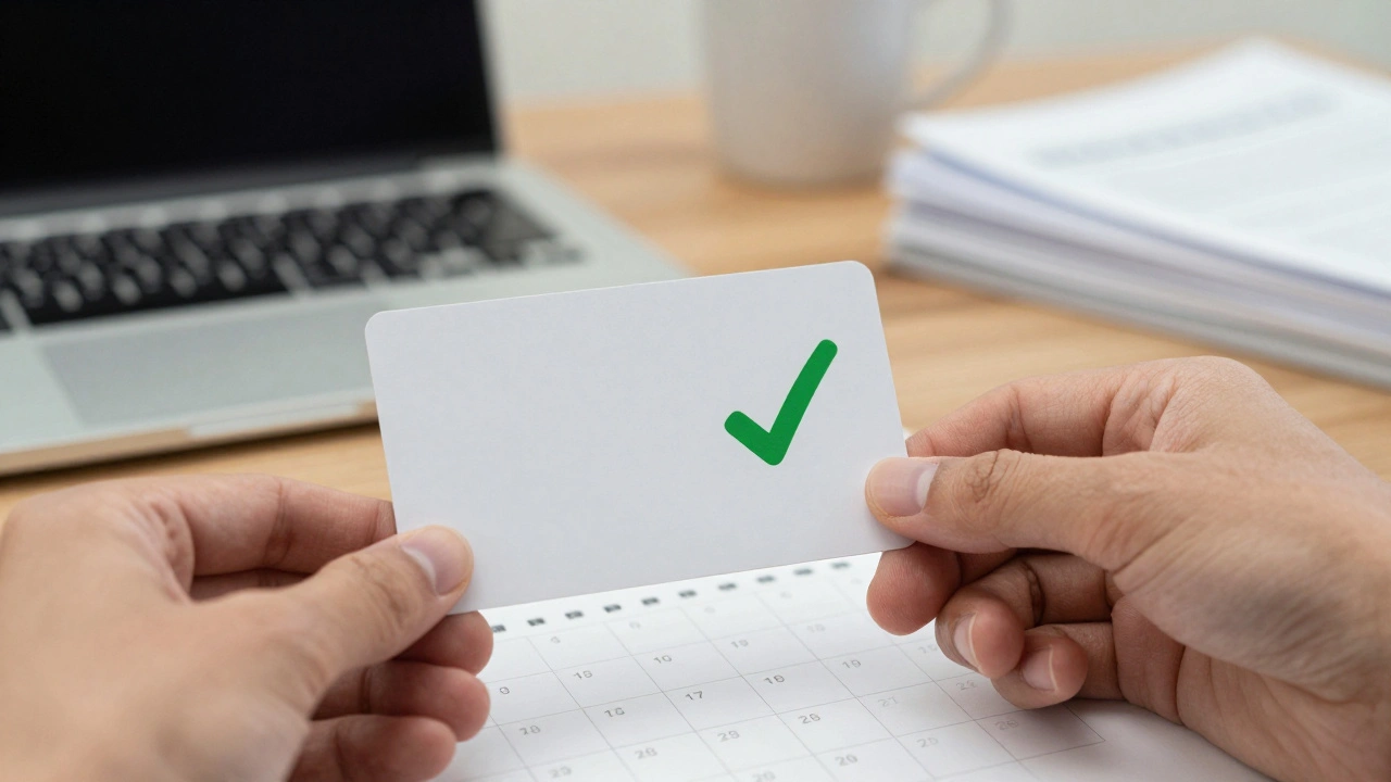 Hand holding a green health clearance card on a desk next to a calendar