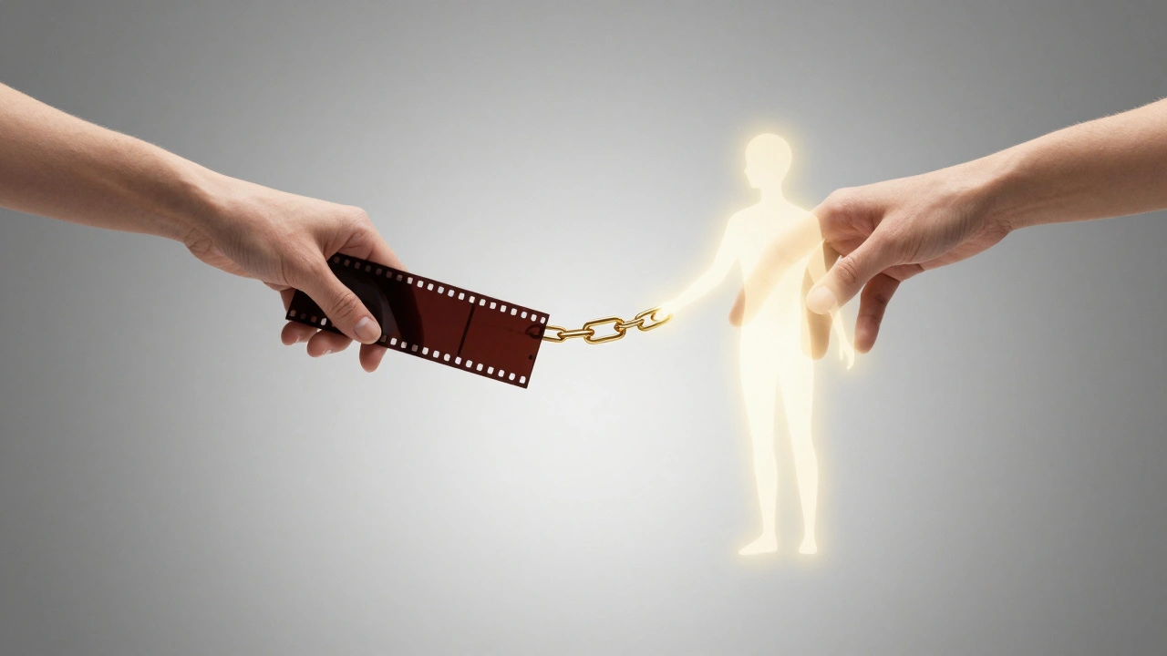Hands connecting film strip and human silhouette