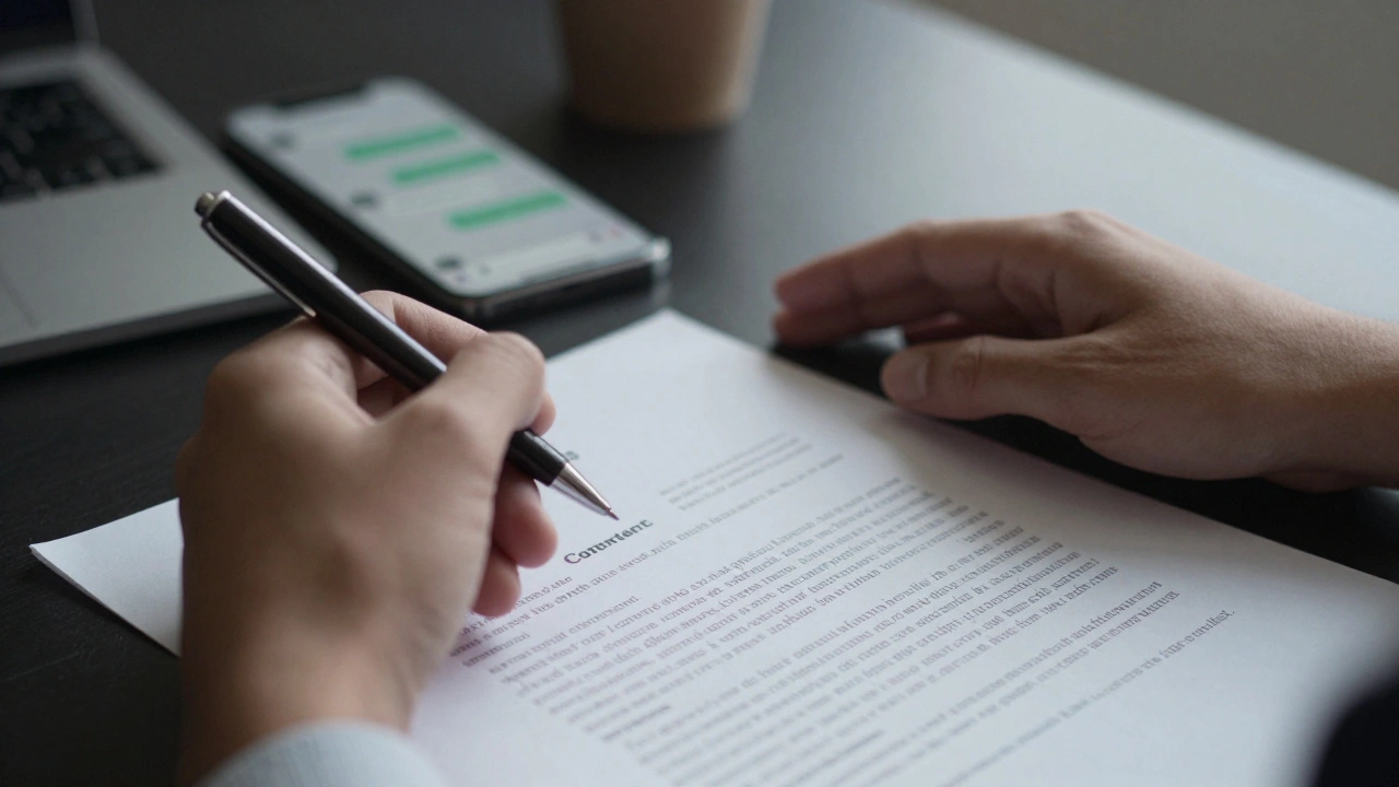Hands signing contract next to smartphone showing ambiguous chat messages