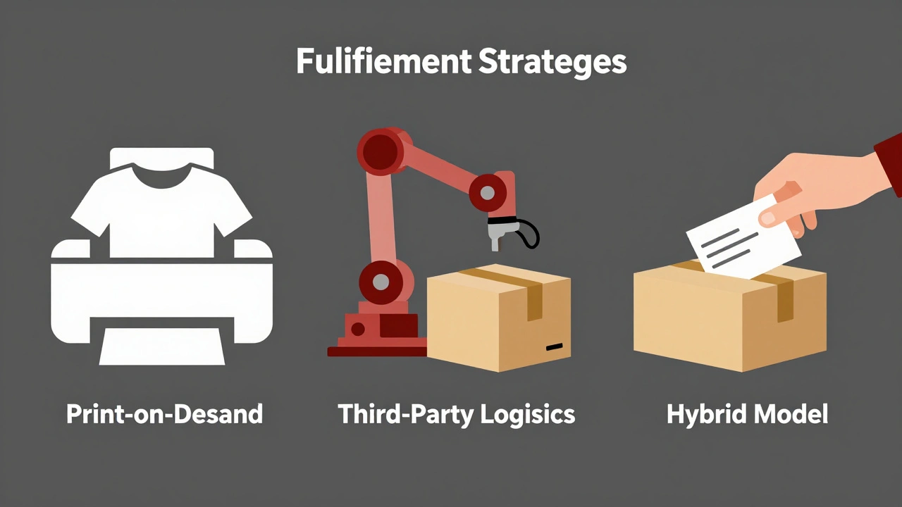 Illustration showing print-on-demand, warehouse logistics, and manual packing methods.