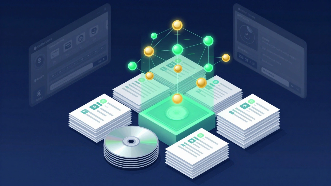 Isometric view of media assets, metadata, and relational data layers