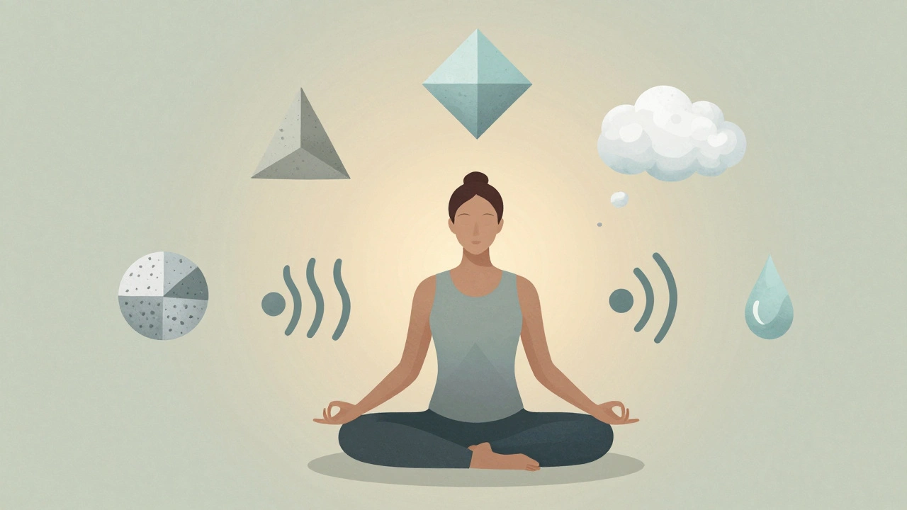 Meditative figure surrounded by floating sensory symbols