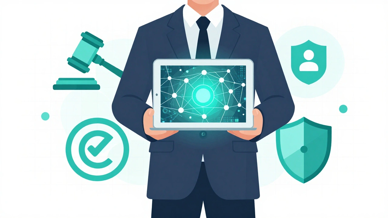 Performer surrounded by legal and tech protection icons