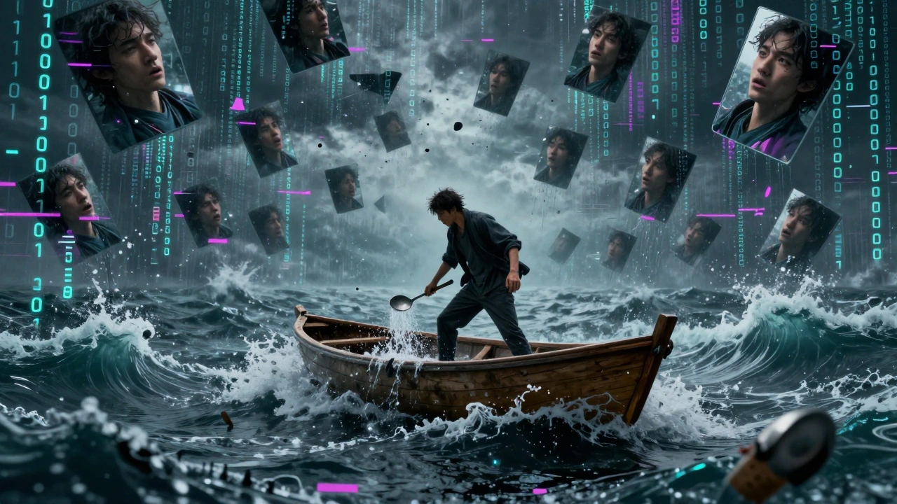 Person bailing water from a boat with a spoon in a sea of digital code