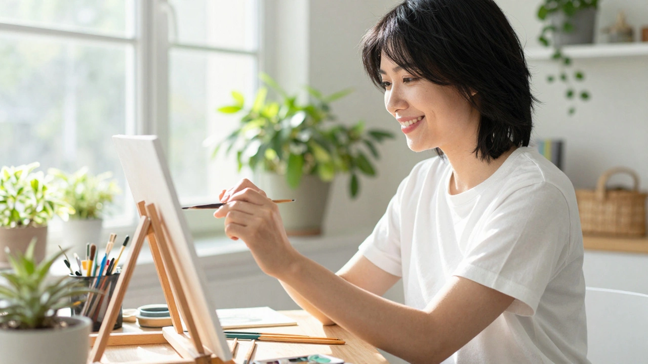 Person happily painting in a sunlit room, practicing self-care