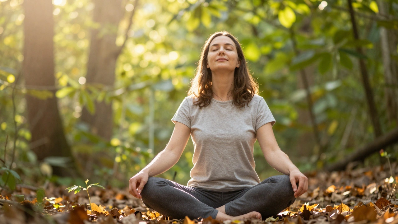 Person meditating peacefully in a sunlit forest, representing self-care and grounding.