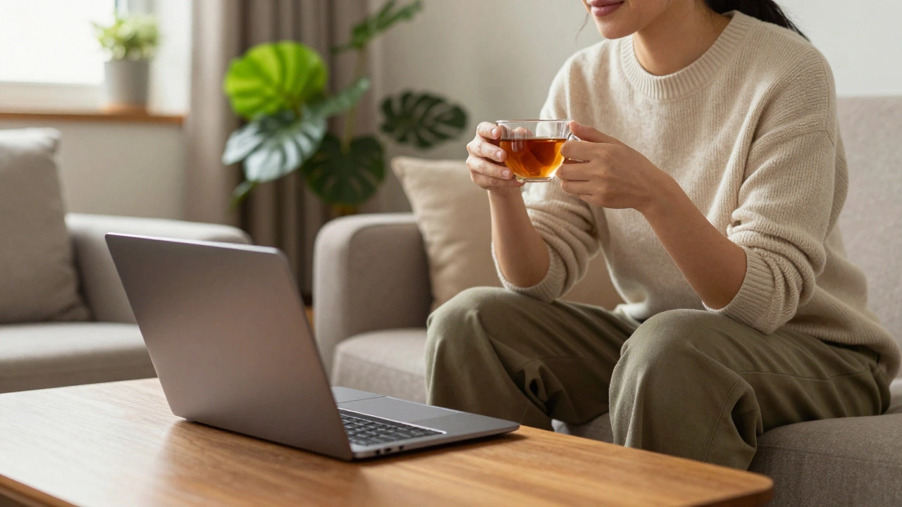 Person relaxing in a cozy living room with a closed laptop, practicing self-care.