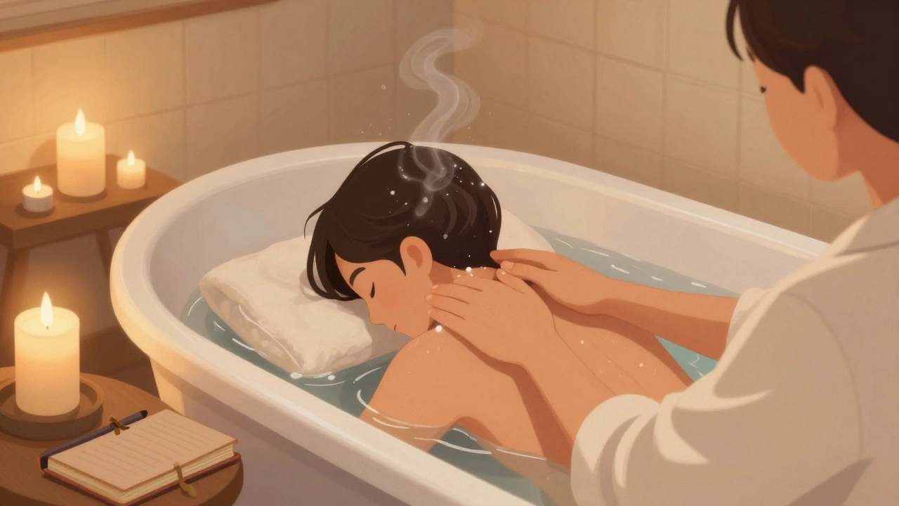 Person relaxing in bath with journal for mental decompression