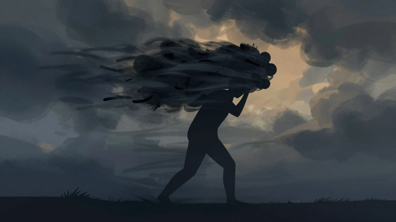 Silhouette of an activist bearing heavy abstract burdens against a stormy sky.