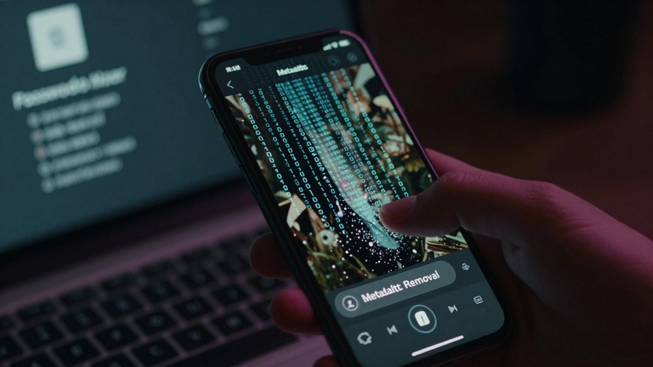 Smartphone screen showing metadata removal process with dissolving data particles