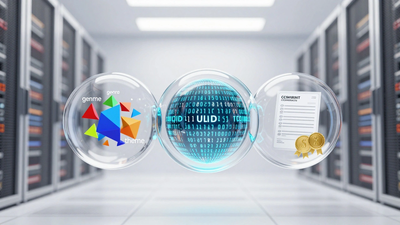 Three layered glass spheres representing descriptive tags, technical IDs, and compliance markers