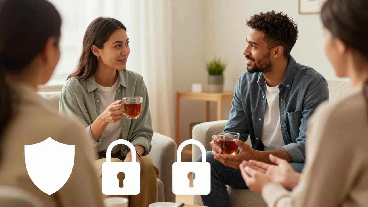 Two creators talking supportively in a warm, safe therapy setting