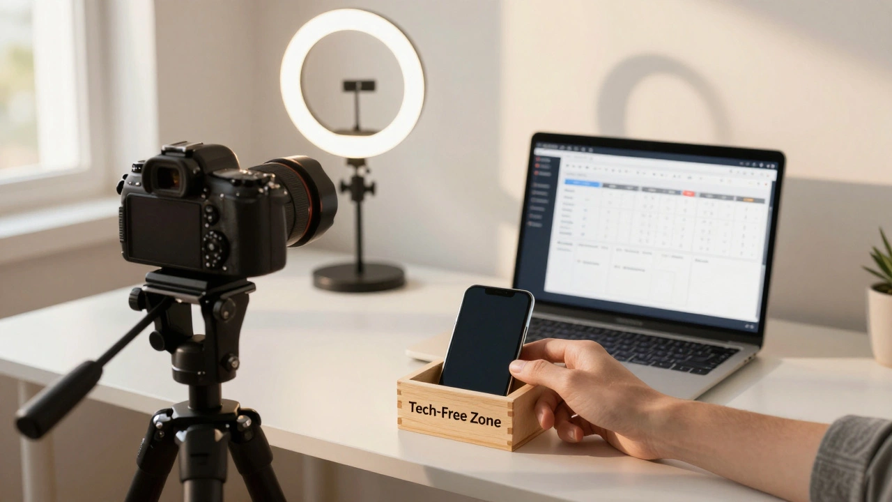 Workspace with camera and phone in box, symbolizing scheduled posting