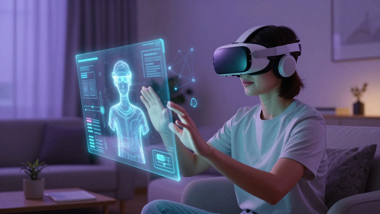 Person using VR headset interacting with floating digital avatars