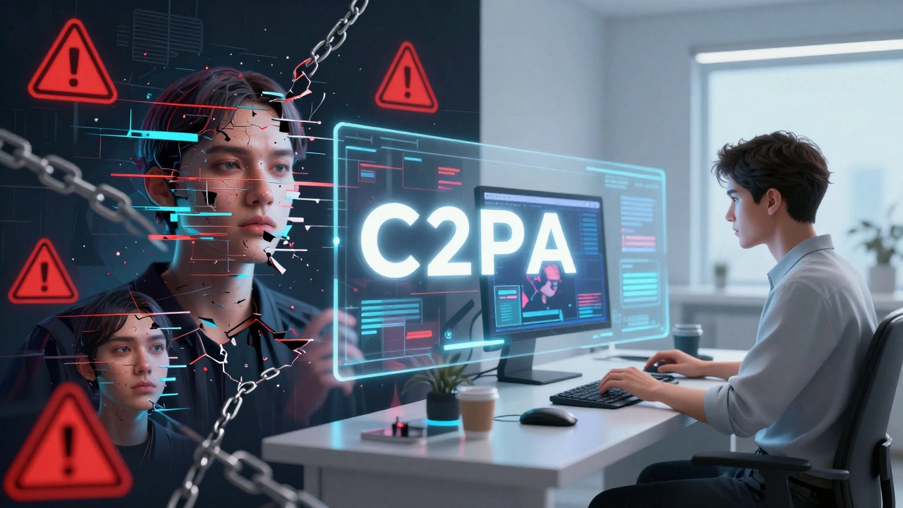 Split view: chaotic deepfake glitches vs calm AI-assisted creator workspace