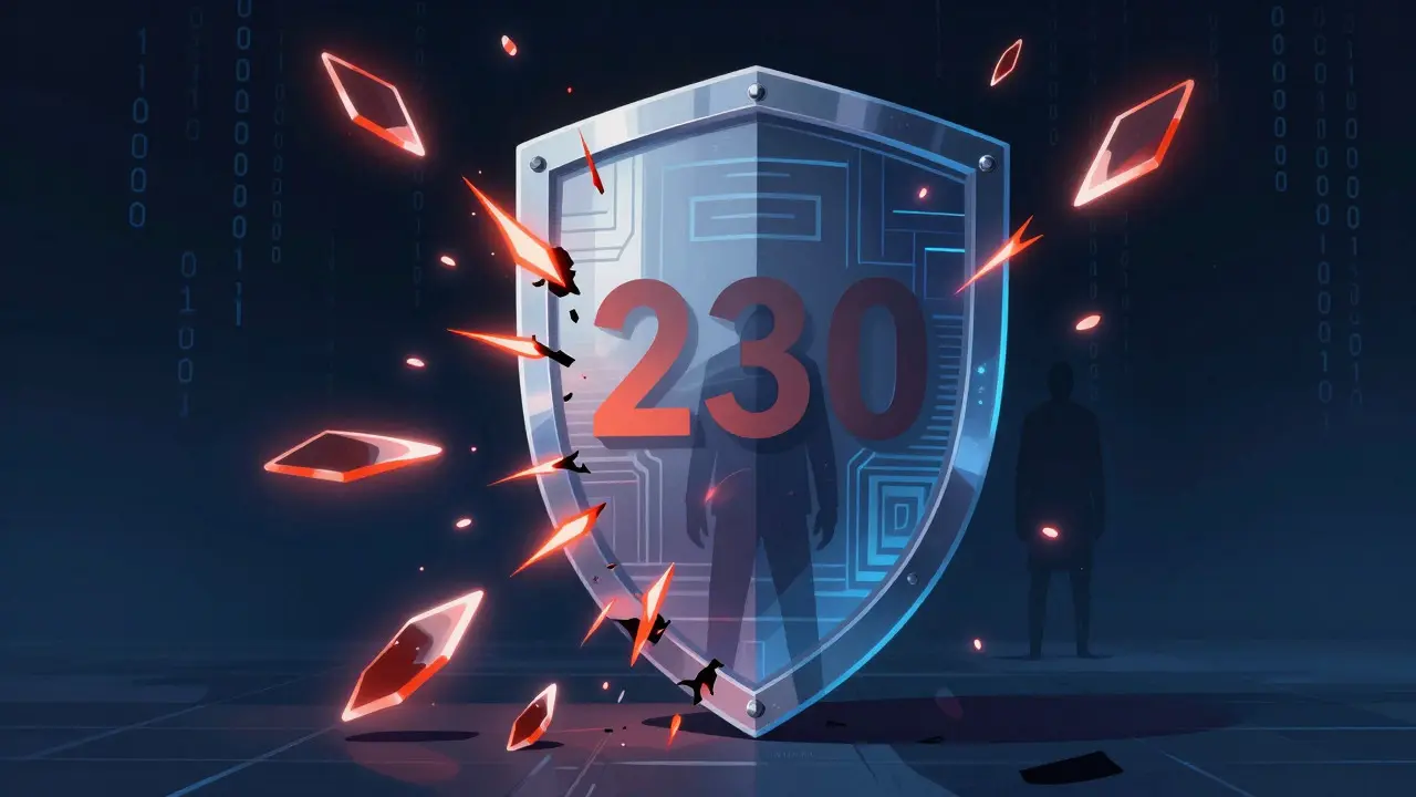 Abstract art of a digital shield being broken by glowing red shards