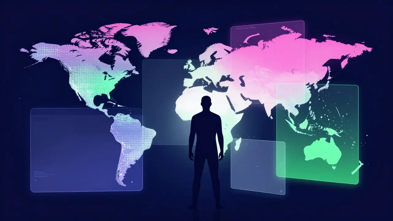 Abstract art showing a person surrounded by floating panels representing regional digital habits