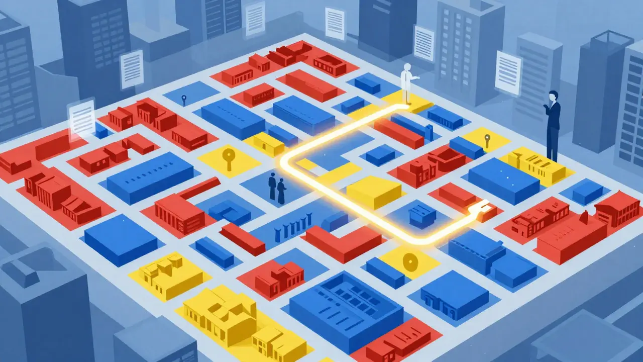 Abstract colorful map illustrating complex city zoning districts and permit paths