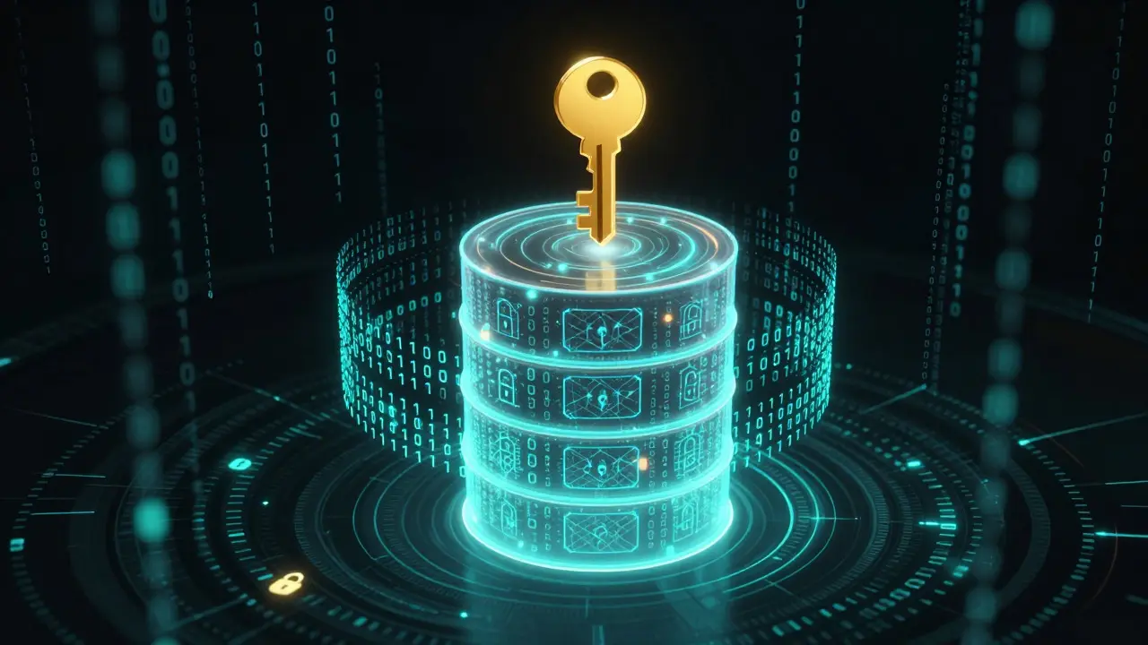 Abstract digital art of encrypted data streams flowing into a glowing database cylinder