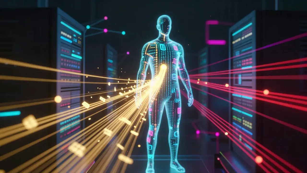 Abstract figure with data streams flowing to servers