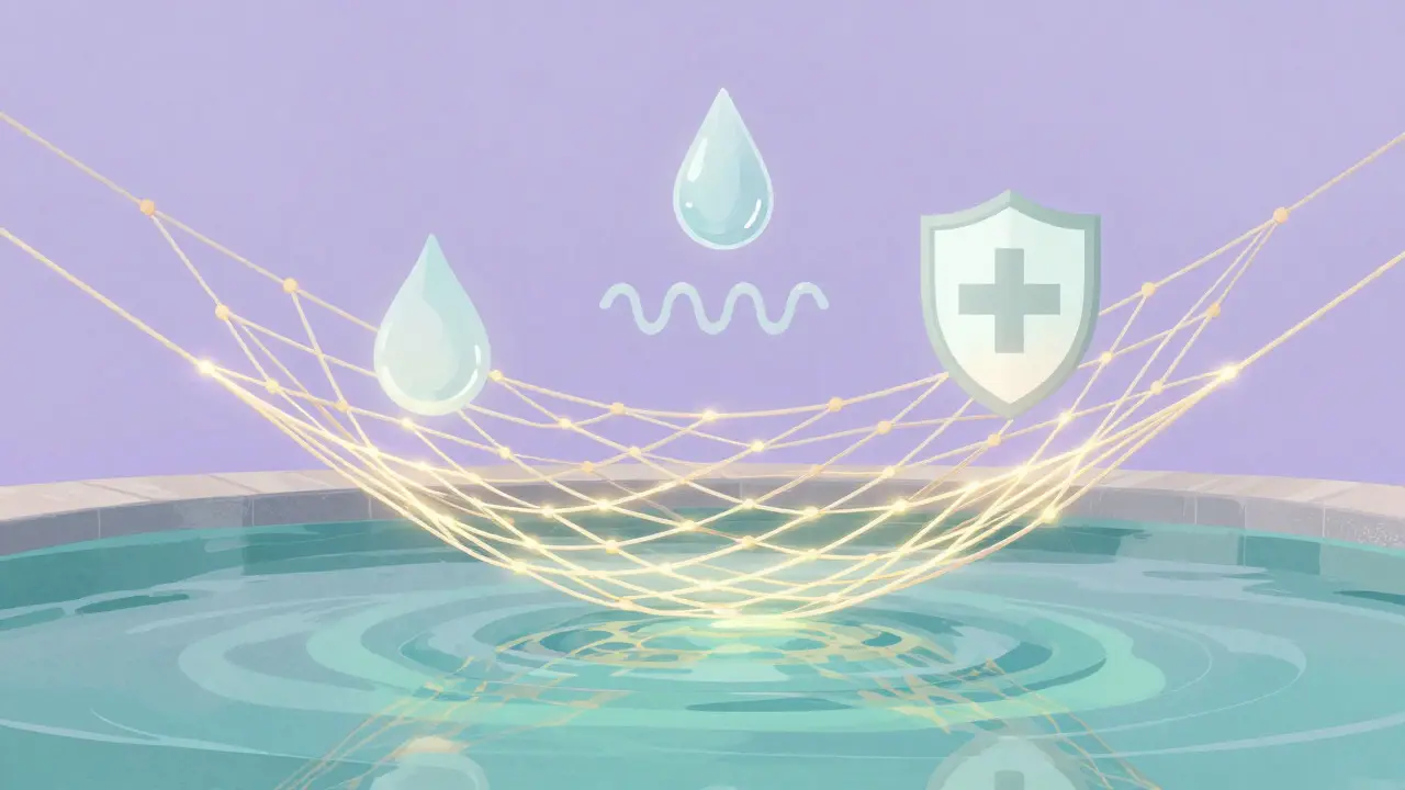 Abstract illustration of a glowing safety net protecting floating wellness symbols