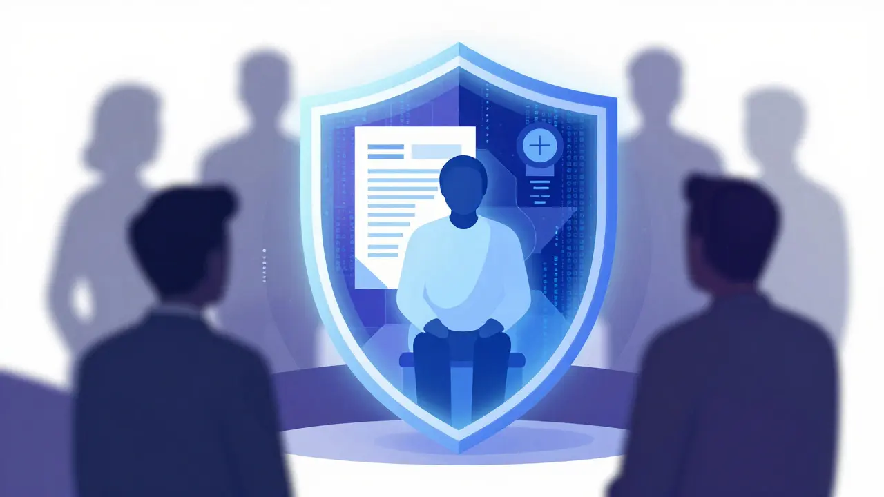 Abstract illustration of a person protected by a digital privacy shield